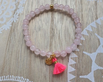 ॐ Rosenquarz mit pinker Quaste und goldfarbener Blume Liebe Geschenk Taufe Geburt Hochzeit