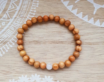 ॐ Bracelet perles en bois d’olivier, perles en bois en bois d’olivier véritable d’Italie avec une perle de pierre de lune