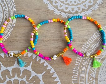 Bracelet en perles, coloré, néon, smiley, étoile, coeur, personnalisé, pompon, orange, rose, turquoise, doré, bracelet porte-bonheur, bracelet d'amitié