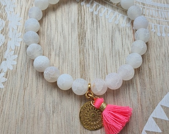 Mandala bracelet with agate beads matt white IBIZA style yoga bracelet gold beaded bracelet