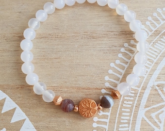 Bracelet de protection pour la grossesse et l'accouchement avec agate blanche et agate du Botswana - arbre de vie