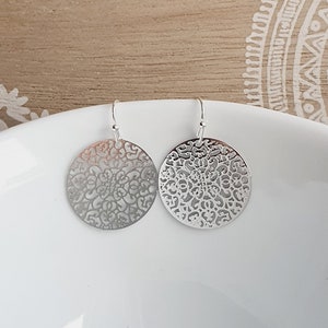 Filigree mandala ornament earrings in silver Boho Namaste Yoga Bohemian image 1