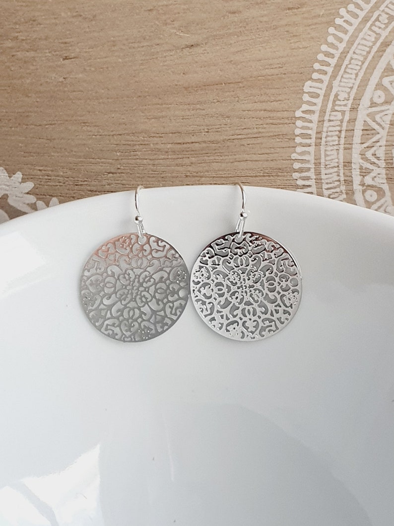 Filigree mandala ornament earrings in silver Boho Namaste Yoga Bohemian image 1