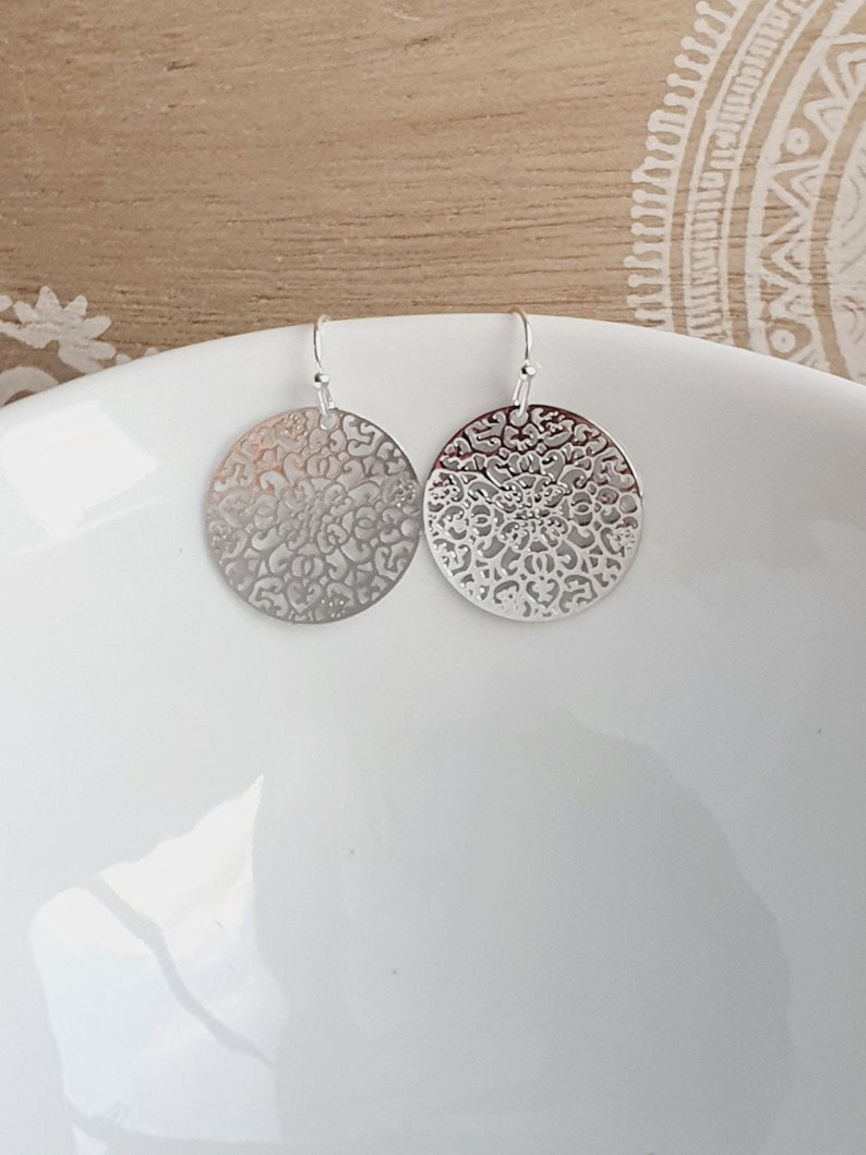 Filigree mandala ornament earrings in silver Boho Namaste Yoga Bohemian image 2