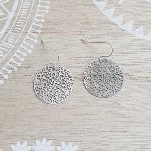 Filigree mandala ornament earrings in silver Boho Namaste Yoga Bohemian image 4