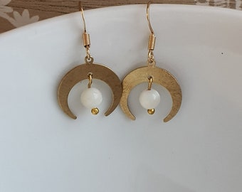 Brass earrings moon with moonstone