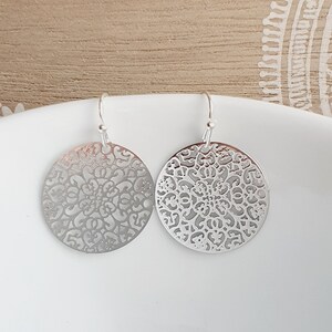 Filigree mandala ornament earrings in silver Boho Namaste Yoga Bohemian image 3