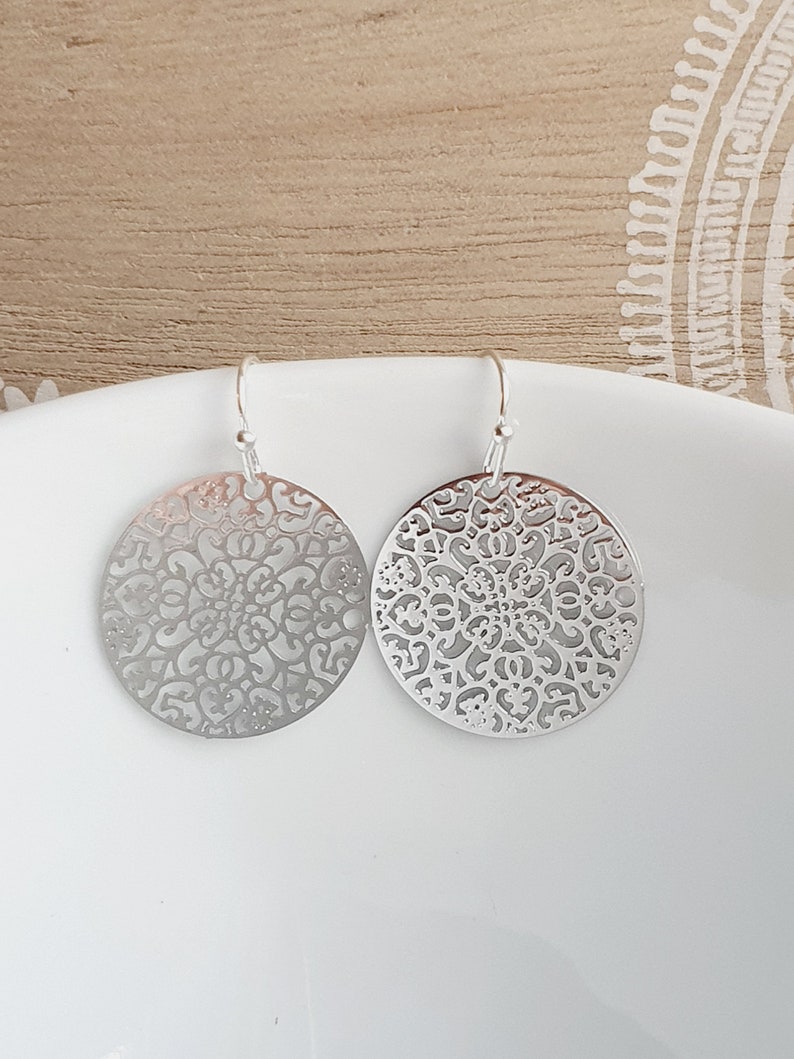 Filigree mandala ornament earrings in silver Boho Namaste Yoga Bohemian image 3