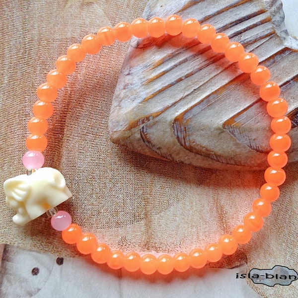 Armband ⋆ Elefant ⋆ Neon Orange Rosa Creme Glasperlen Jadelook Krafttier Weiß