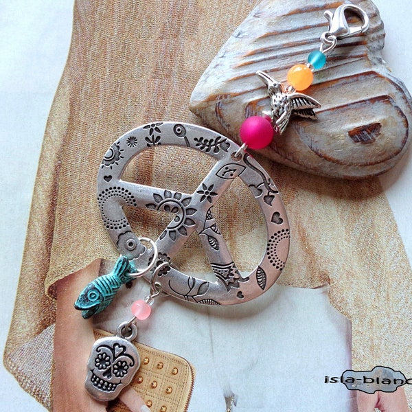 Wechselanhänger ⋆ Peace ⋆ Kolibri Fisch Totenmaske bunt Skull Anhänger Silber Charm orange pink petrol Patina Peacezeichen Hippie