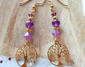 Ohrringe ⋆ Baum des Lebens ⋆ Lila Amethyst Gold Lebensbaum Ohrhänger Ohrhaken Reiki violett