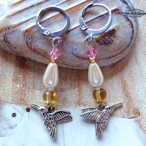 Ohrringe ⋆ Kolibris ⋆ Edelstahl Bernstein Tropfen weiß gelb rosa gold silber Ohrhänger Ohrhaken Kolibri Vogel Sunbird