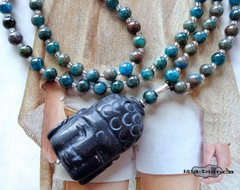 Y-Kette Mala ॐ Apatit ॐ Buddhakopf Onyx matt Blau Buddha Kette Yoga Grün Petrol Schwarz Braun Silber