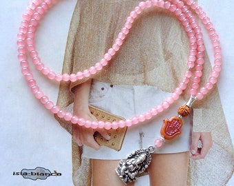 Y-Kette ⋆ Ganesha ⋆ Glasperlen coral Hamsa  Rudraksha Same rosa pink orange Hand der Fatima Kette Yoga Elefant silber