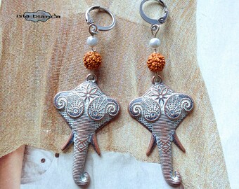 Ohrringe ⋆ Elefant ⋆ patiniert Kupfer aqua Glasschliffperlen grau Glitzer Ohrhänger Ohrhaken Elefantenkopf Patina Rudraksha Samen Boho