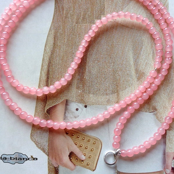 Y-Kette ⋆ Pink Coral ⋆ Glasperlen im Jadelook 4 mm mit Ring für Charms rosa Kette silber Charmträger