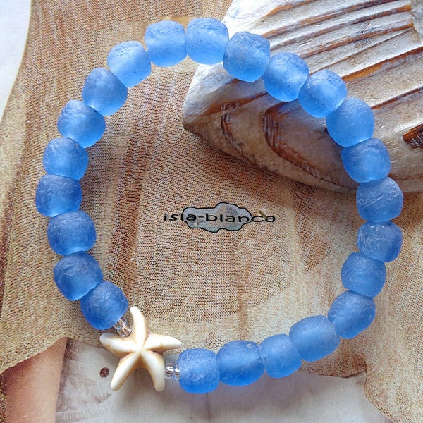 Armband ⋆ Ghana Beads ⋆ Seestern Blau Creme Beige Afrika maritim Altglasperlen Meerglas
