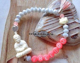 Message Armband ⋆ Freedom ⋆ Buddha Coral creme grau hellgrau Elefant Herz silber rosa Yoga Troddel Tassel Quaste Freiheit Ibizastyle