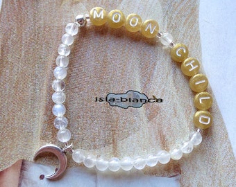 Message Armband ⋆ Moon Child ⋆ Mondstein Regenbogenmondstein Halbmond Mond weiß silber Mondkind Schimmer gold Moon Child