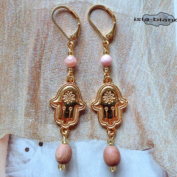 Ohrringe ⋆  Hamsa ⋆ Gold Rosenholz Rhodochrosit Rosa Beige Ohrhänger Ohrhaken Hand der Fatima Yoga Holzperlen