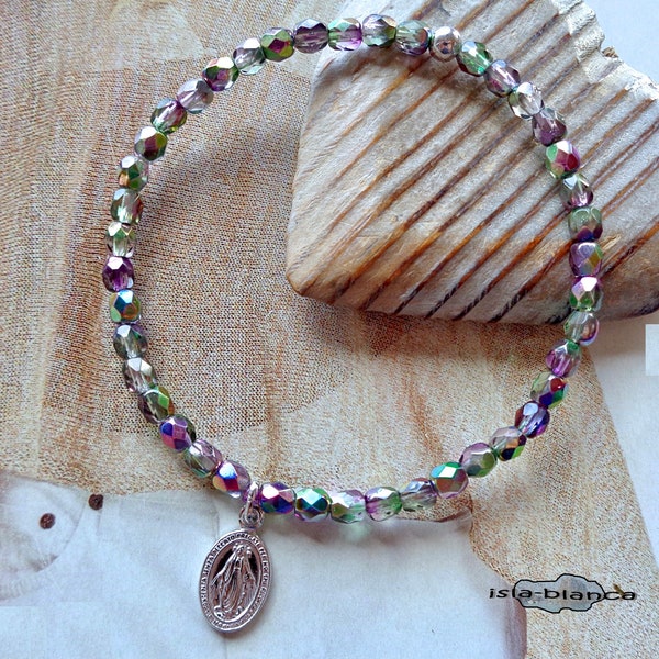 Zartes Armband ⋆ Glasschliffperlen ⋆ Maria Grün Lila Beere Glitzer silber irisierend Madonna Guadeloupe