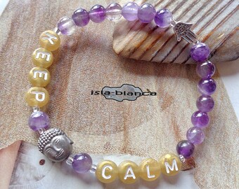 Message Armband ॐ Keep Calm ॐ Amethyst Hämatit Buddhakopf Hamsa Yoga Hand der Fatima Buddha gold Gelassenheit grau lila violett Flieder