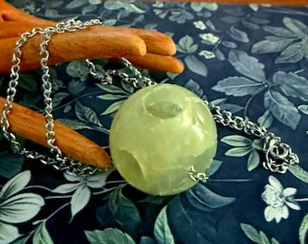 LARGE Hollow Carved Jade Bead Necklace with Silver Chain