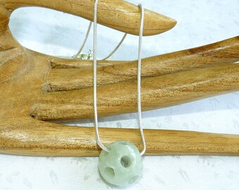 Hand Made Genuine Natural Hollow Carved Jadeite Jade Grade A Bead on Silver Chain Necklace