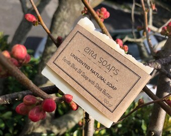 May include: A bar of unscented natural soap with a brown paper label that reads "Eira Soaps." The soap is labeled as "Gentle Olive Oil Soap with Shea Butter" and weighs 100 grams. The soap is displayed on a tree branch with red buds.