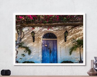 Todos Santos, Baja California Sur, Mexico, Blue Door on a White Brick Wall with Red Roses, Photography, Wall Art, Print, Digital Download