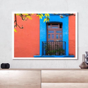 Oaxaca de Juárez, Mexico, Blue Window on an Orange Wall with Leaves, Photography, Wall Art, Print, Digital Download