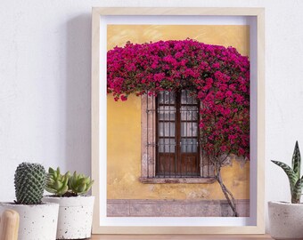 Querétaro, Mexico, an pretty door on a yellow Wall with flowers, Photography, Wall Art, Print, Digital Download