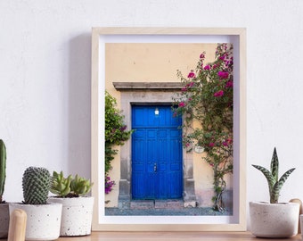 Querétaro, Mexico, a pretty blue door with flowers, Photography, Wall Art, Print, Digital Download
