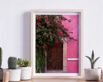 Querétaro, Mexico, a pretty door on a pink Wall with flowers, Photography, Wall Art, Print, Digital Download