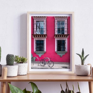 Oaxaca de Juárez, Mexico, Bicycle in Front of a Pink Wall with windows, Photography, Wall Art, Print, Digital Download