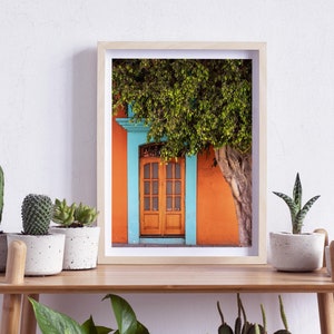 Oaxaca de Juárez, Mexico, Old Door on an Orange Wall with Green Leaves, Photography, Wall Art, Print, Digital Download