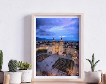 May include: A framed photograph of a large, white church with a square courtyard in front of it. The church is lit up at night, and the sky is a deep blue with pink clouds. The photo is on a wooden shelf with several potted succulents.