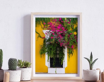 Oaxaca de Juárez, Mexico, Window on a Yellow Wall with Pink Roses, Photography, Wall Art, Print, Digital Download