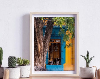 Oaxaca de Juárez, Mexico, Blue Door on a Yellow Wall with a Tree, Photography, Wall Art, Print, Digital Download