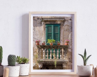 Split, Croatia, Europe, Green door with balcony and red flowers, Photography, Wall Art, Print, Digital Download