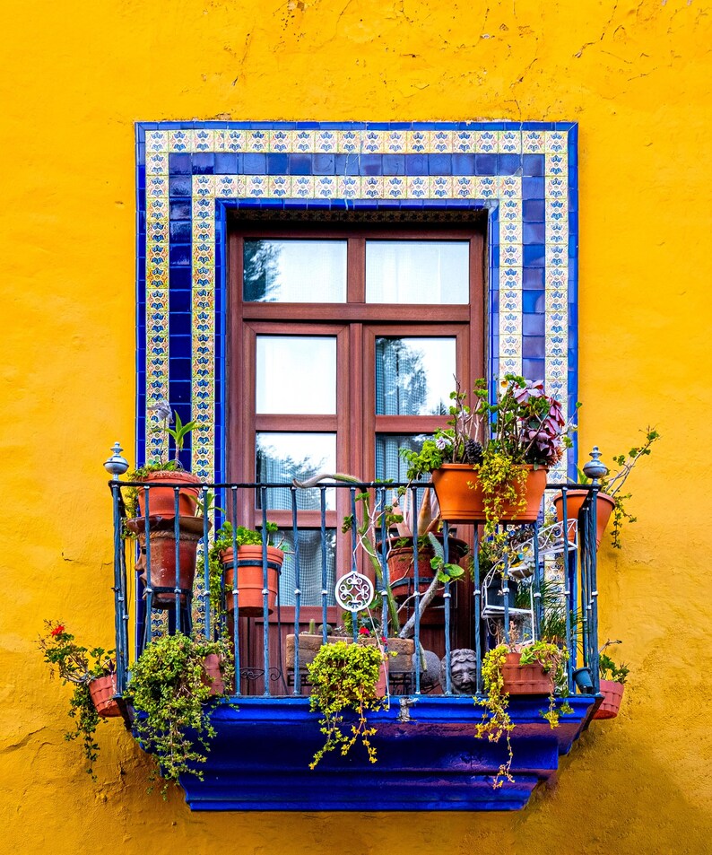 Mexico Window Box Puebla Mexico Print, Blue Window, Yellow Wall, Red Flowers (digital ...