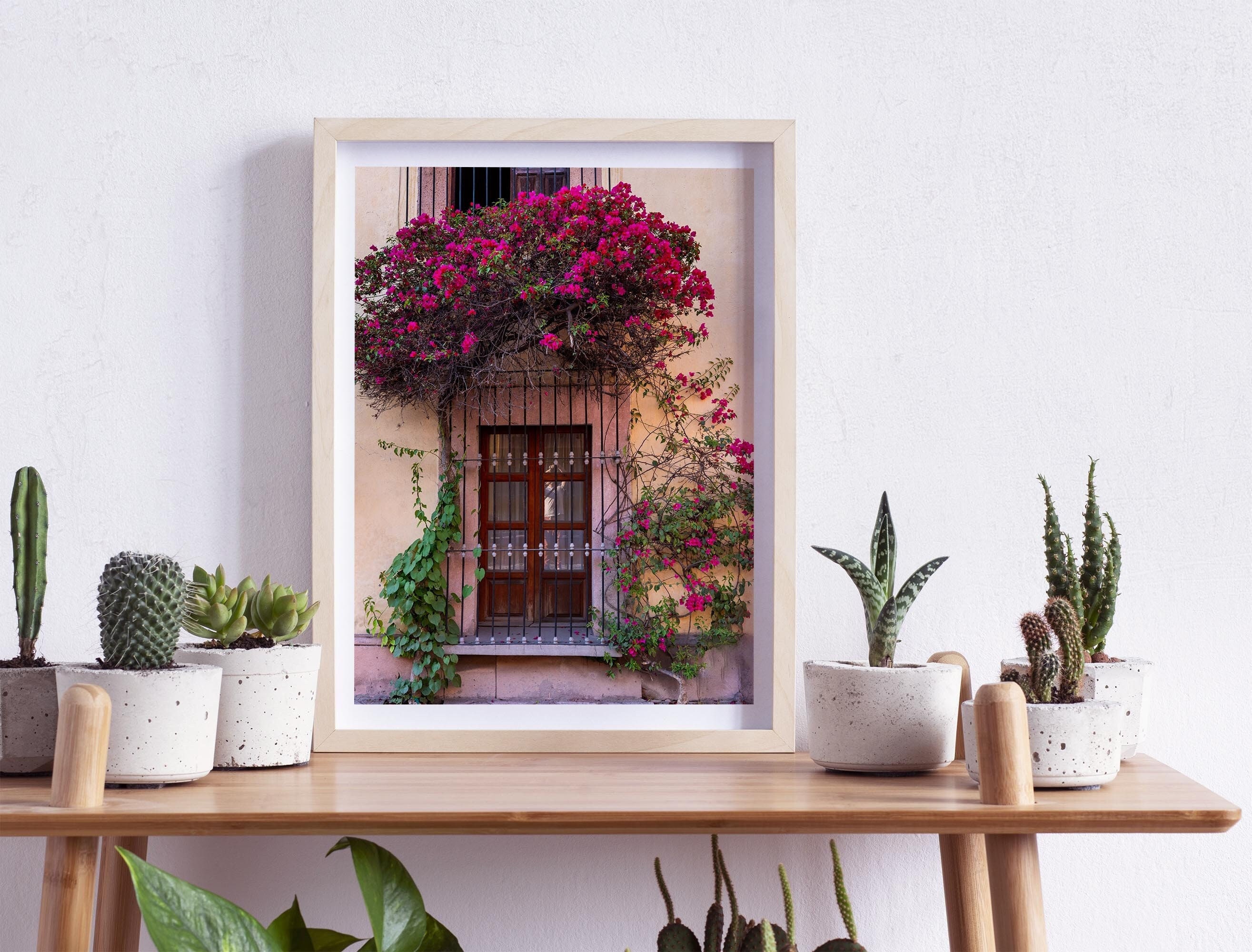 Querétaro, Mexico, a door on a yellow Wall with flowers, Photography, Wall Art, Print, Digital Download