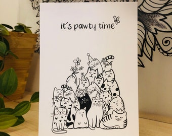 Postkarte it’s pawty time Katzen Party Birthday Geburtstagskarte A6 Karte schwarz weiß