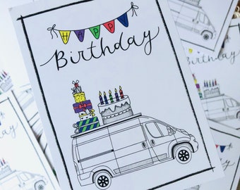 Postcard happy birthday van cake birthday card A6 card black white colorful