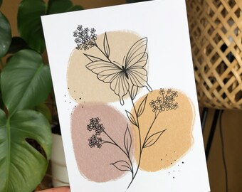 Postkarte floral boho Schmetterling Art Natur A6 Karte schwarz weiß taupe beige