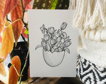 Postkarte Tulpen Narzissen Ostern Ei Osterkerze Blumen A6 Karte schwarz weiß