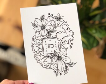 Postkarte Herz Gehirn Blumen think feel selfcare A6 Karte schwarz weiß