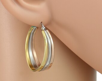 United Elegance Contemporary Large Polished Tri-Color Silver Gold /& Rose Tone Hoop Earrings