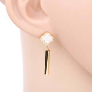 Gold Tone Earrings With White Faux Mother of Pearl, Black Faux Onyx or Pink Clover & Dangling Bar, Timeless Gift for Women, Ladies or Teens