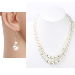 Elegant Faux Pearl & Crystal Jewelry Set, Dual-Strand Graduated Necklace and Earrings, Timeless Gift for Women, Ladies, Teens and Girls